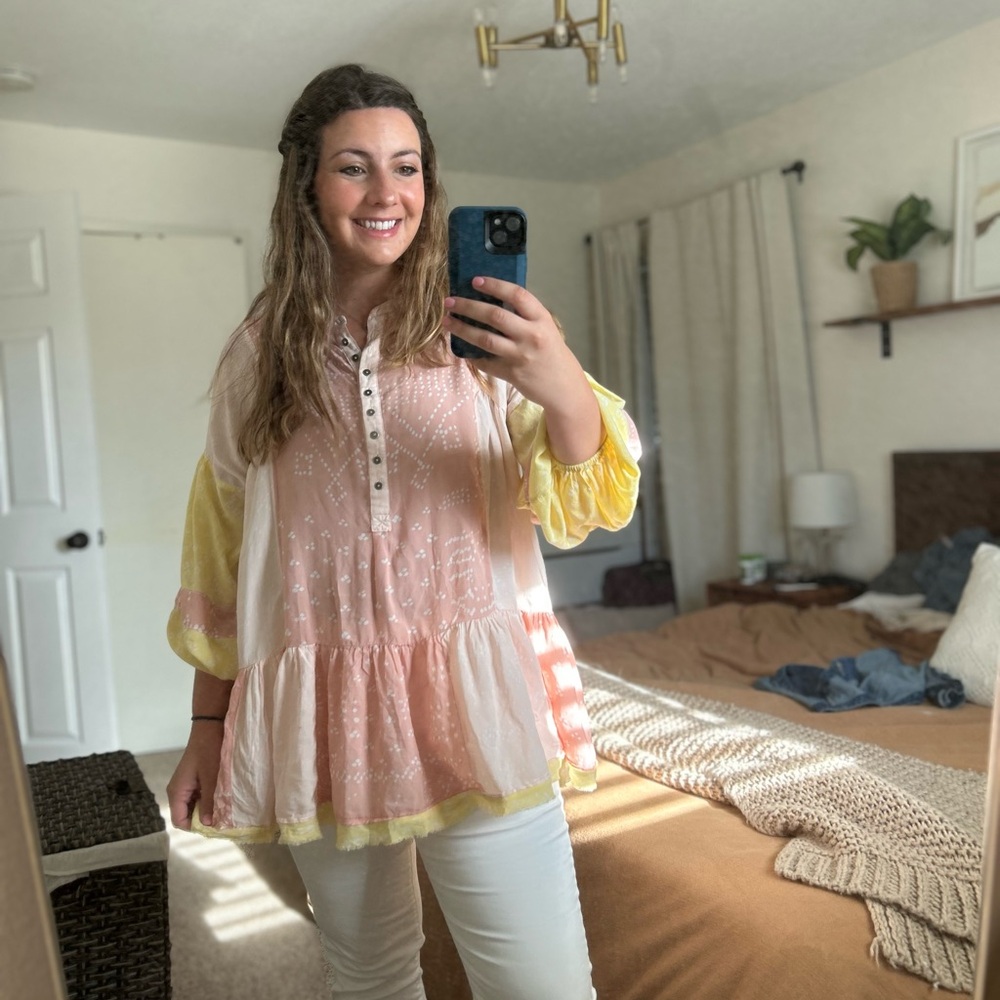 FREE PEOPLE Shibori Tunic Dress Coral Combo